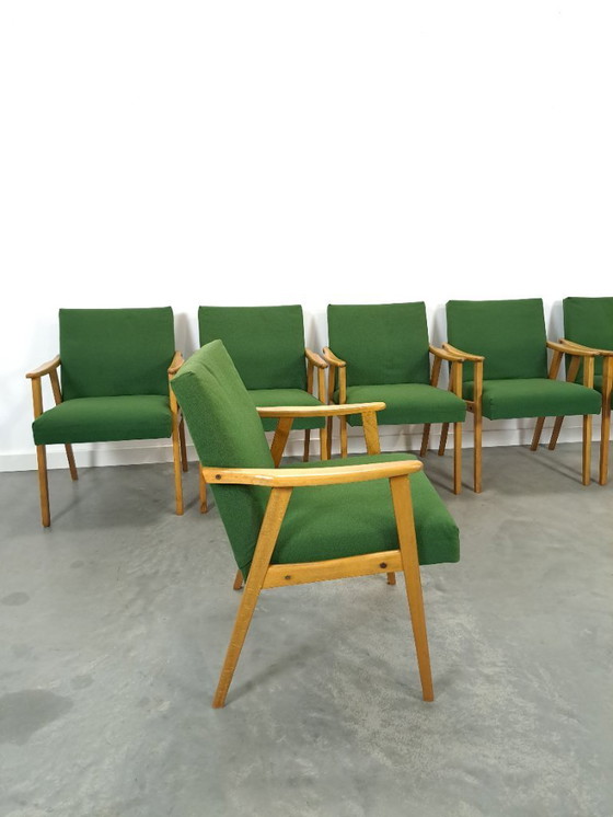 Image 1 of Set of 6 groene eetkamerstoelen met beukenhout