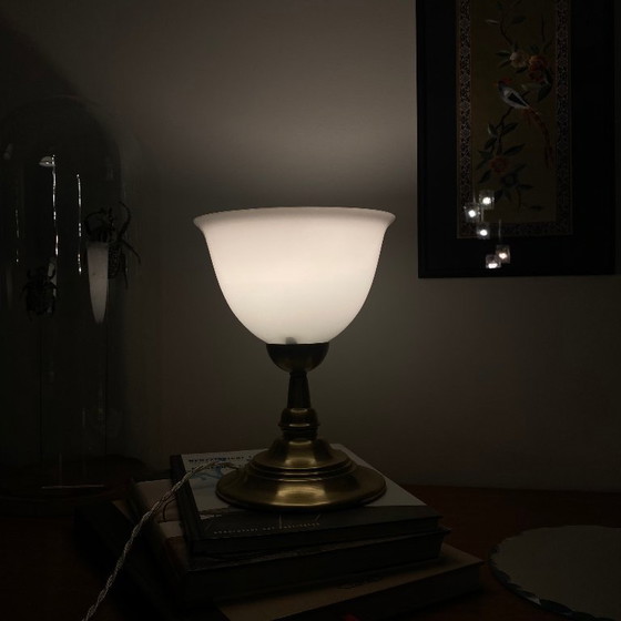 Antique white opaline glass globe table lamp with brass base, Gold (photo 7 of 8)