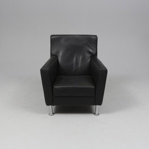 Contemporary Black Leather Armchair & Matching Footstool – Early 2000s Elegance