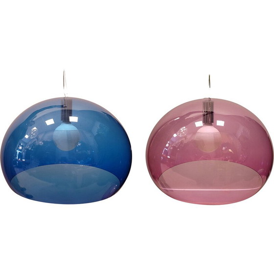 Image 1 of Pair of vintage pendant lamps model Fl/Y in blue and pink by Ferruccio Laviani for Kartell, Italy 1980-1990s