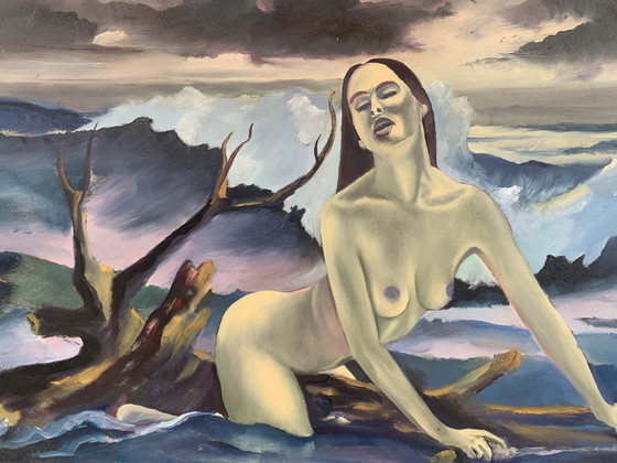 Image 1 of Large Vintage Canvas 60x100 - Artistic Nude Woman in the Waves - Oil Painting on Canvas 1980 with Autograph Dedication on the Ba