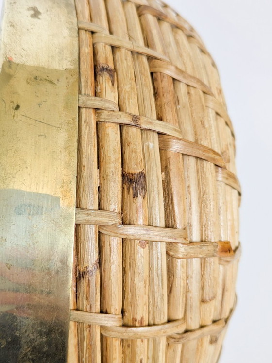 Image 1 of Vintage Rattan Brass Bowl Gabriella Crespi Style 1970s Handwoven Fruit Basket