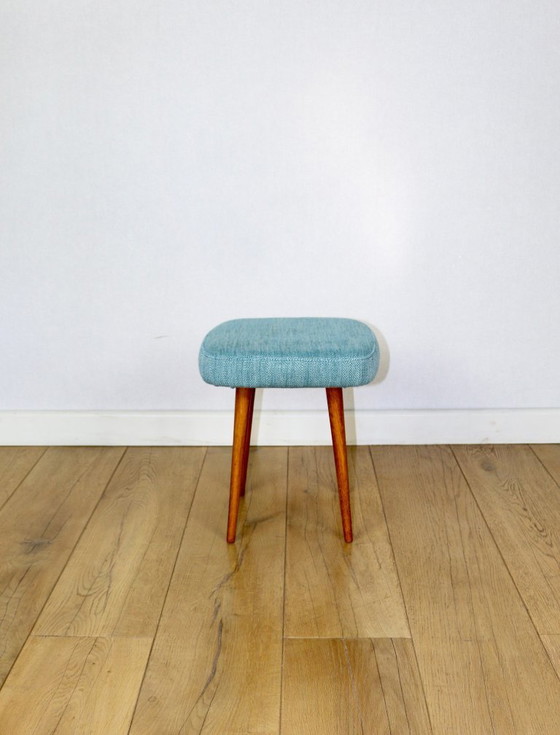 Image 1 of Blue turquoise square vintage stool PRL 1970s