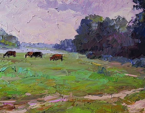Image 1 of Original Oil Painting Rural Landscape Nature Pasture Cows in the Field