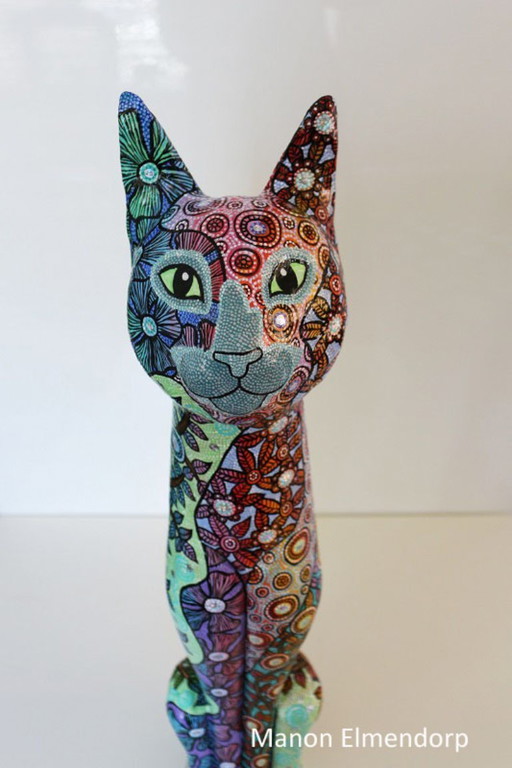 Unique Hand Painted Statue "Colorful Cat" Signed