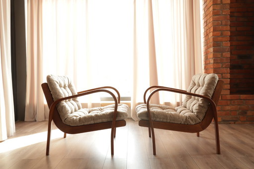 Paar vintage fauteuils gebogen hout beige Scandinavisch ontwerp 1960