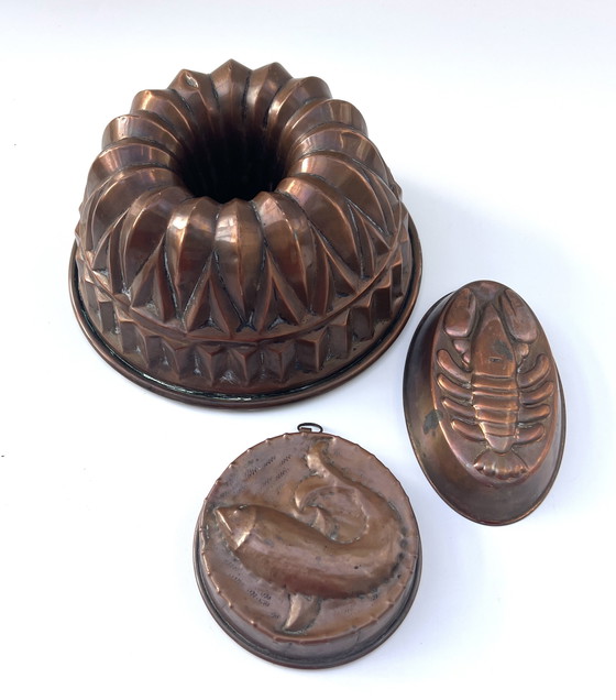 Image 1 of Collection de moules à pâtisserie anciens en cuivre – gâteau Bundt, poisson et homard – datant du début du XXe siècle.