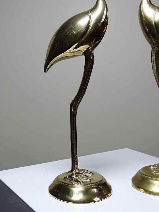 Image 1 of Paire de grands sujets Grues, Oiseaux en laiton décoratif Mid-Century vintages