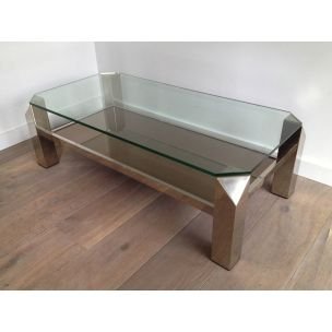 Tavolino da caffè vintage in vetro con base cromata, 1970