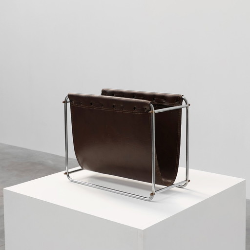 Vintage Magazine Rack in Chrome and Faux Leather, France 1960s
