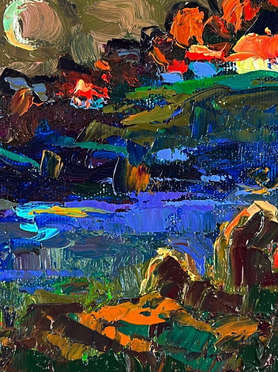 Image 1 of Peinture à l'huile originale, paysage rural, rivière, givre du soir dans les champs