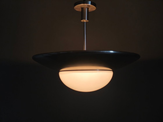 Image 1 of Bauhaus Pendant Light in Nickel and Glass, 1930s Czechoslovakia