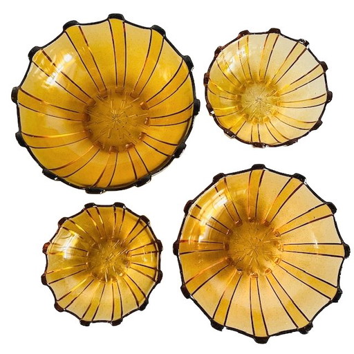 Vintage Art Deco glass bowls set amber pressed glass Scailmont 1930s