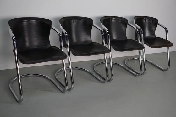 Image 1 of Set van vier bruine leren eetkamerstoelen, Willy Rizzo, jaren 1970