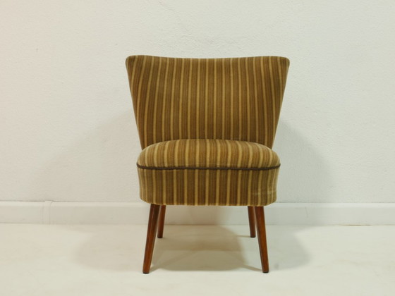 Image 1 of Vintage Cocktailsessel 60er Jahre, Mid Century Sessel, gestreifter Polsterstoff Oliv Braun Creme, Lounge Chair Germany