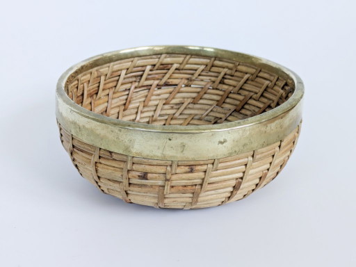 Vintage Rattan Brass Bowl Gabriella Crespi Style 1970s Handwoven Fruit Basket