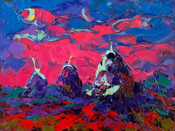 Image 1 of Original Oil Painting: Summer Field Landscape - The Moonlit Night Whispers Silence