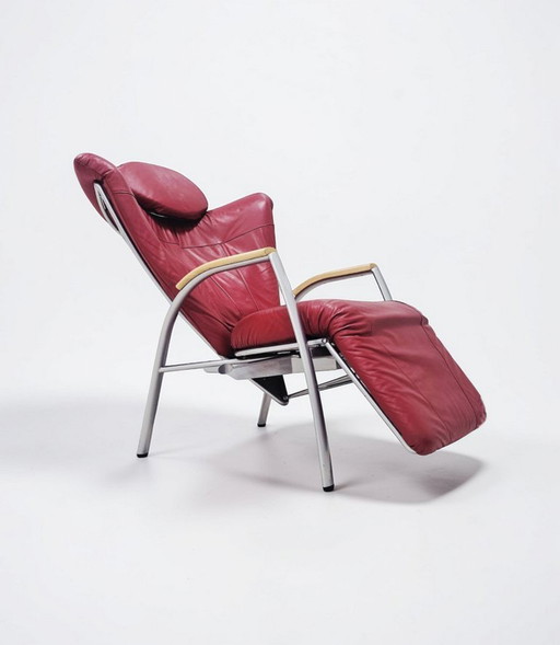 Rara poltrona reclinabile Bonaldo "Skipper" in pelle rossa, design postmoderno italiano