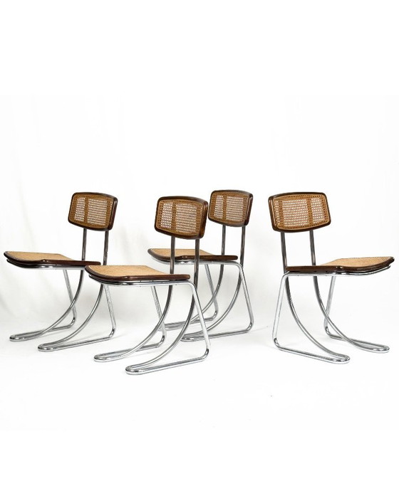 Image 1 of Set van 4 vintage cantileverstoelen in chroom, hout en Weens riet, jaren 70.