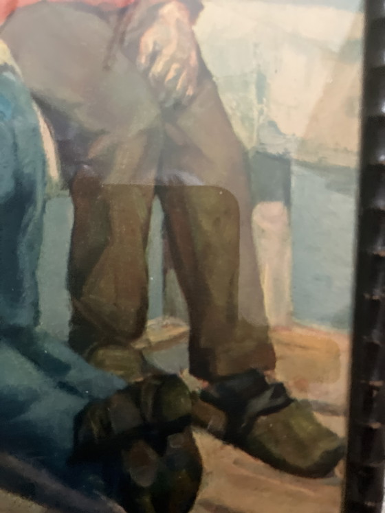 Image 1 of Sfeervol Schilderij P. Lorge - Vissers op de Kade - Inclusief Lijst