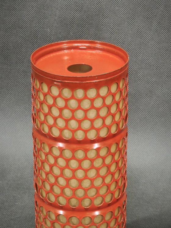 Pair of Red Perforated Metal Space Age Table Lamps, Czechoslovakia, 1970s, Chrome (photo 3 of 13)