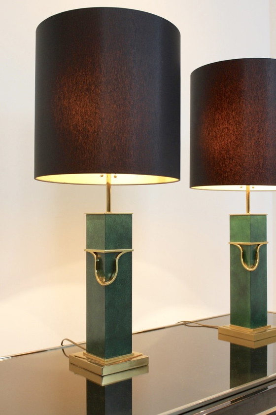 Coppia di Lampade da tavolo Mid Century Moderne in ottone e verde, Dorato (foto 4 di 8)