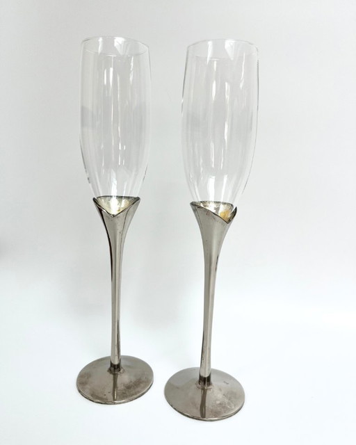 Coppia di flûte da champagne vintage placcati in argento – Francia, anni '70