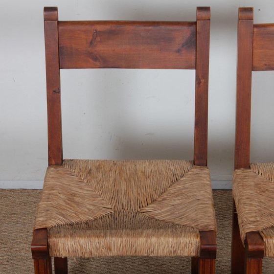 Image 1 of Set of 6 straw-seated wooden chairs, French work, 1950