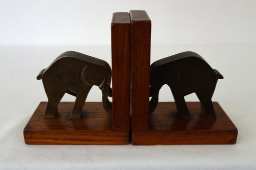 Pair of vintage wood and brass elephant bookends