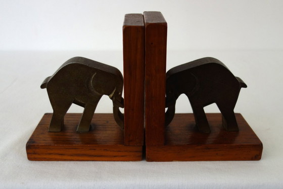 Image 1 of Coppia di fermalibri vintage a forma di elefante in legno e ottone