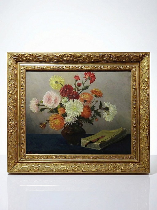 Oil painting on canvas, still life with chrysanthemums, signed L. Porte 1888