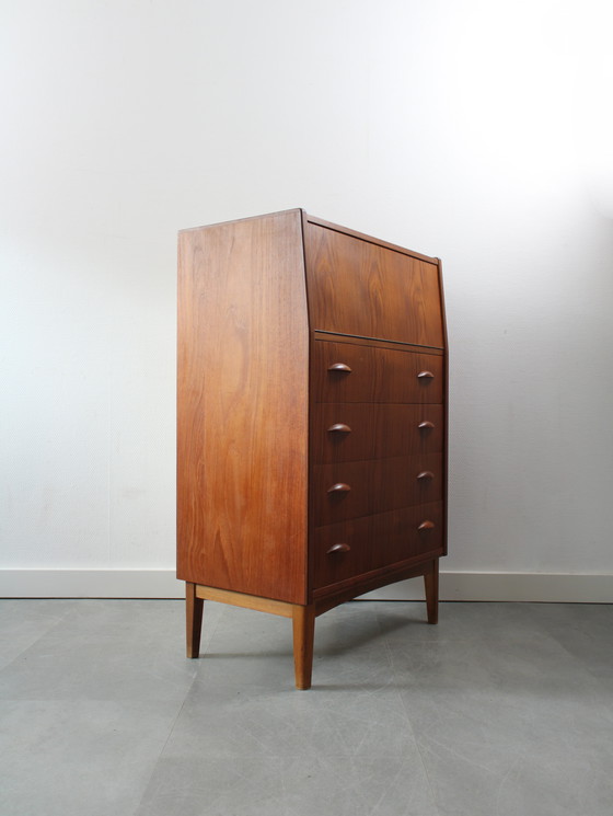 Image 1 of Vintage Danish chest of drawers in teak with flap and mirror !