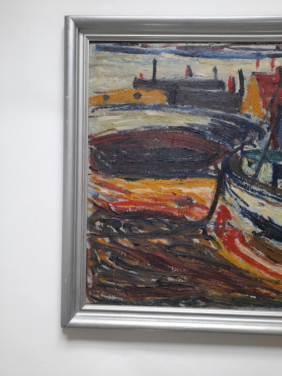 Image 1 of Expressionistisch schilderij van boten door Bent Kokkenberg