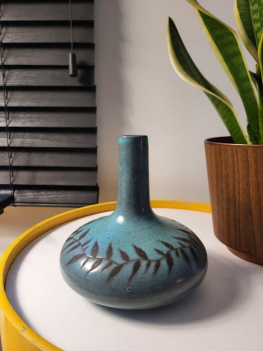 Vintage earthenware vase, abstract design with leaf decoration