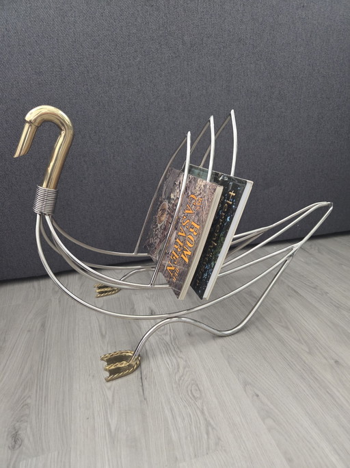 Revistero vintage “Swan” | Maison Jansen, década de 1970 – tijdschriftenrek, Brass, Chrome