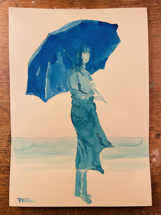 Image 1 of Gesigneerd schilderij blauw aquarel vrouwenportret "weekend in Honfleur".