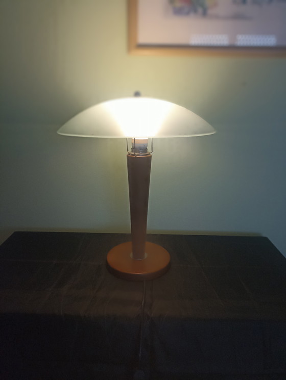 Image 1 of Rare Vintage Lumess "Mushroom" Table Lamp – Swiss Design – Wood & Matte Glass