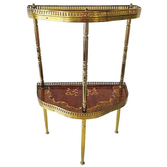 Image 1 of Console italienne mid Century demi-lune en bois marqueté laiton