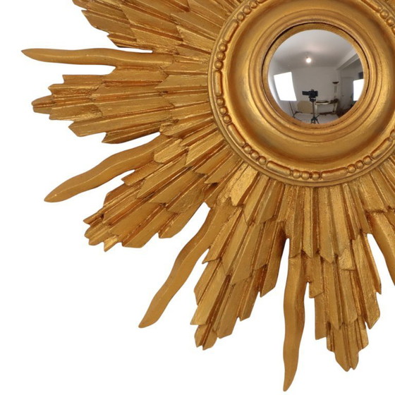 Image 1 of Vintage Houten Zonnespiegel Sunburst Convex Goud 46cm