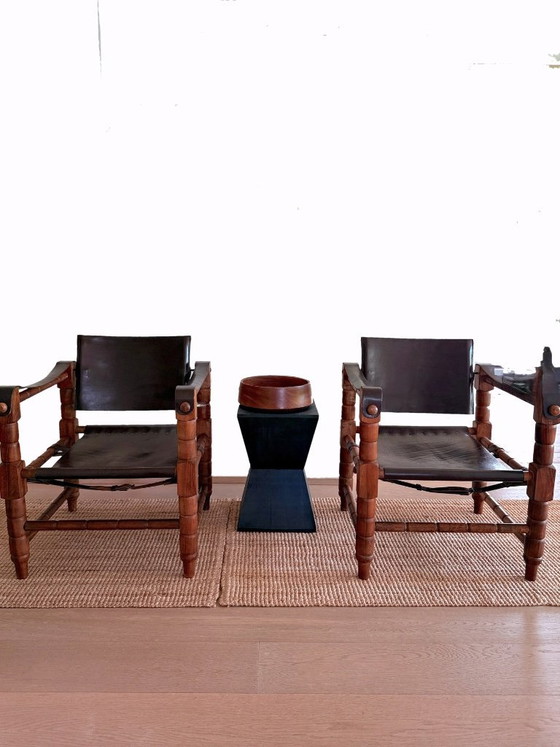 Set di 4 poltrone lounge vintage "Safari". Norik Voskanian. Tabriz. Iran. Legno. Pelle. Stile brutalista. (photo 2 of 10)