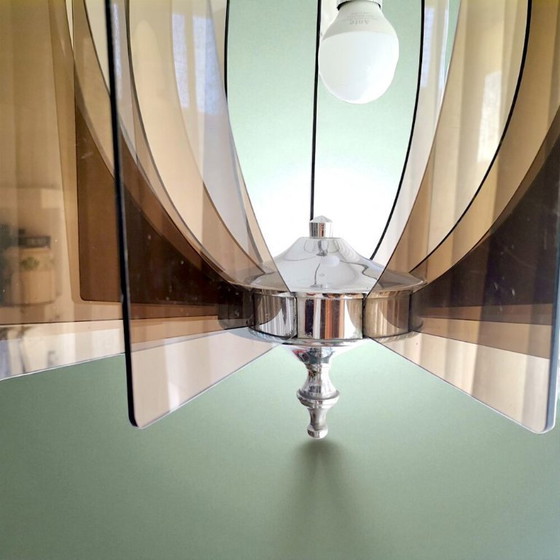 Image 1 of Lámpara de araña de plexiglás y cromo plateado de mediados de siglo para 3 luces, década de 1980