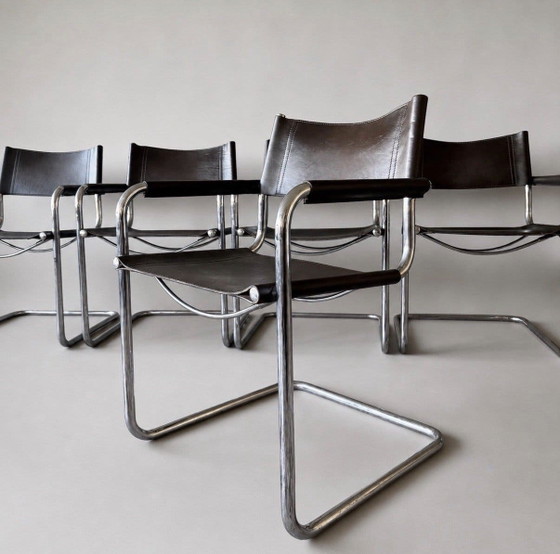 Image 1 of 6 vintage Mart Stam S34 armchairs for Linea Veam, Italy, dark chestnut brown leather