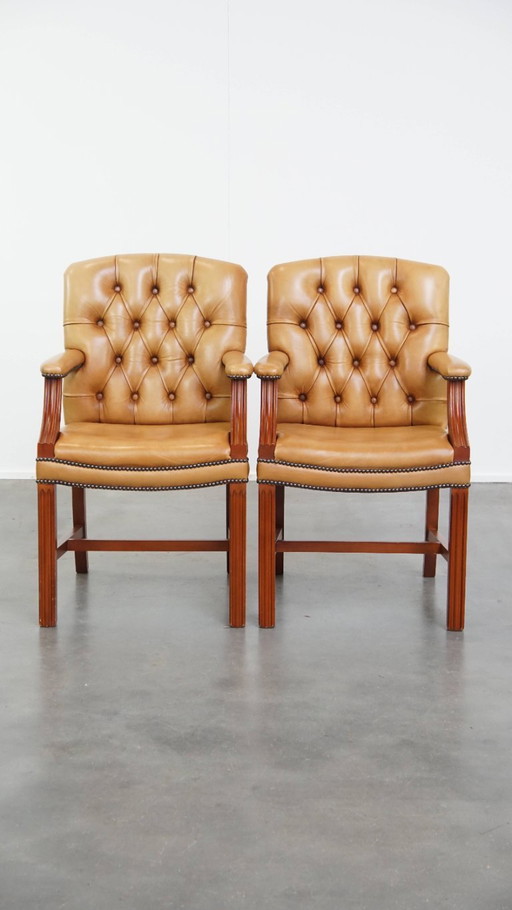 5x Beef leather chesterfield dining/meeting chair in a light cognac color
