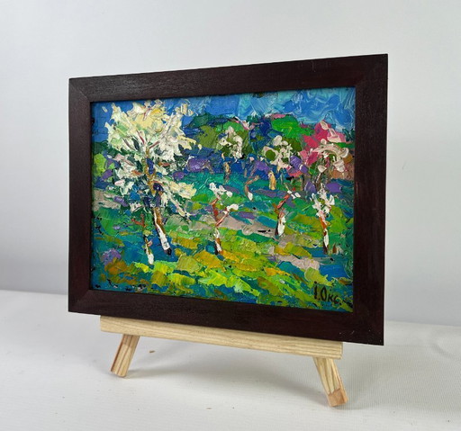 Original Oil Painting Flower Trees Landscape Blooming spring garden