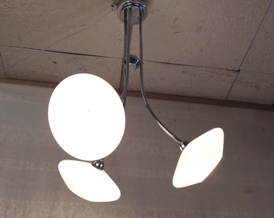 Image 1 of Bauhaus design 3-light chandelier in chromed metal and opaline glass - 1930s/40s