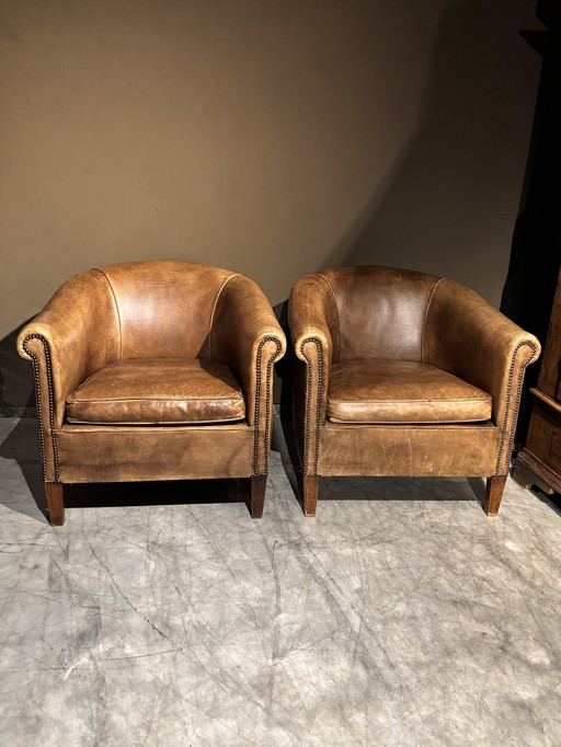 Cognac Bruine Runderleren Clubfauteuils-Vintage