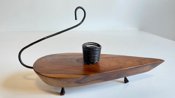 Image 1 of Brutalistische olijfhouten kaarsenhouder vintage