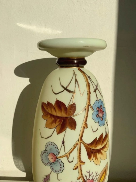 Image 1 of Antique Bohemian Art Nouveau Uranium Satin Glass Vase - Harrach - c. 1900