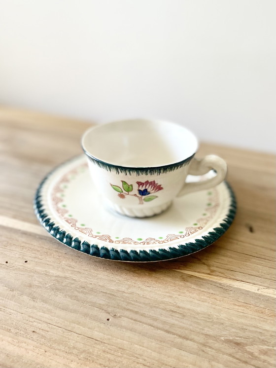Image 1 of Vintage Longwy Cup Duo x2 · Hand Painted French Faience · Floral Motif · Green Border · Made in France · Mid-Century Pottery