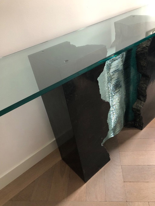 Vintage Roche Bobois console van - Glass curtain with marble